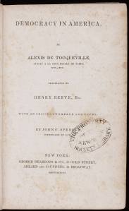 Title Page of the first American edition of Tocqueville's classic, published in 1838.