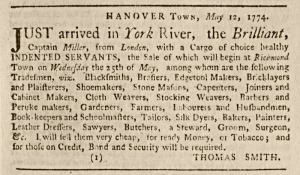 Advertisement for the sale of indentured servants, Virginia Gazette, 1774